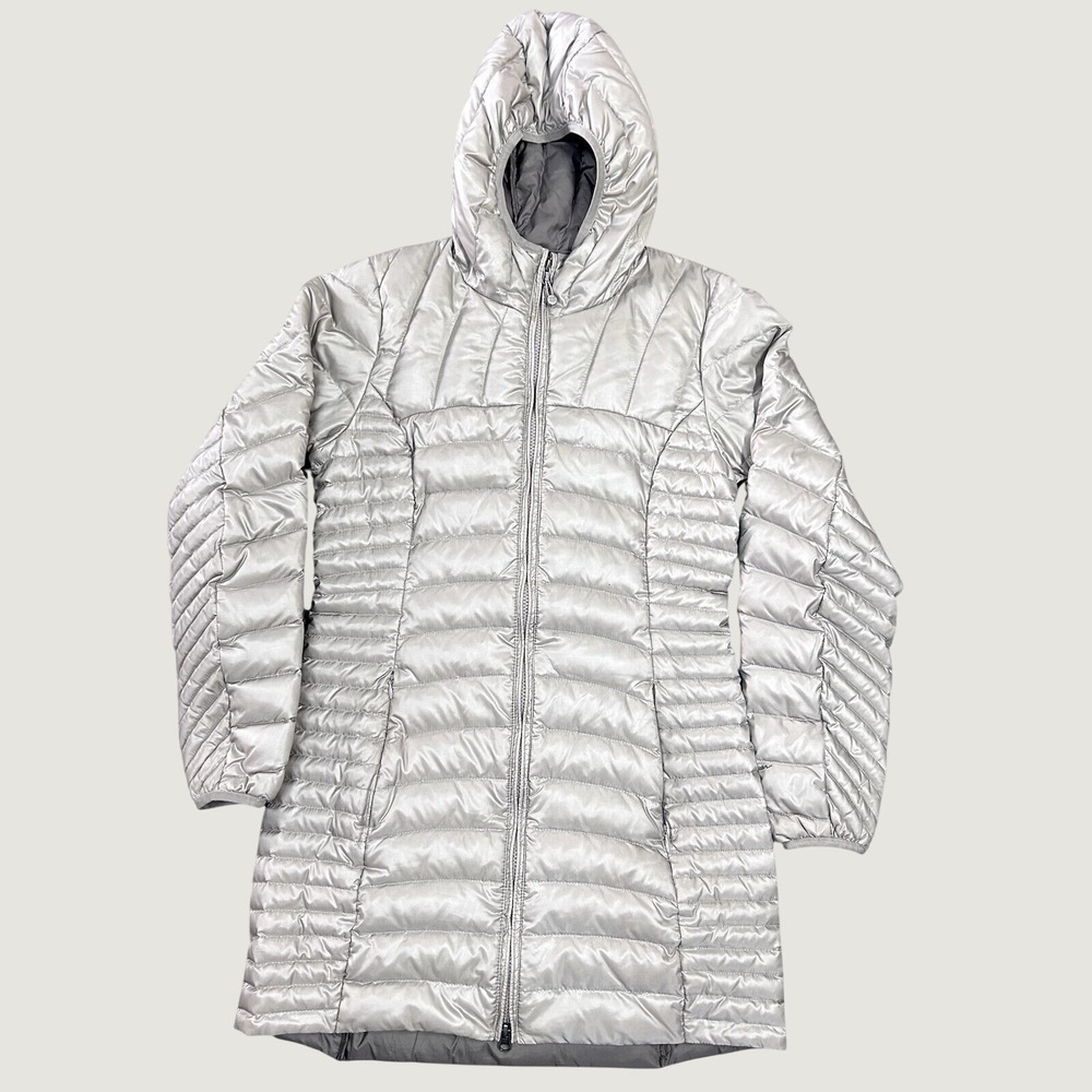 Eddie Bauer Puffer Parka Silver Women Small Hooded Down Insulated Winter Coat